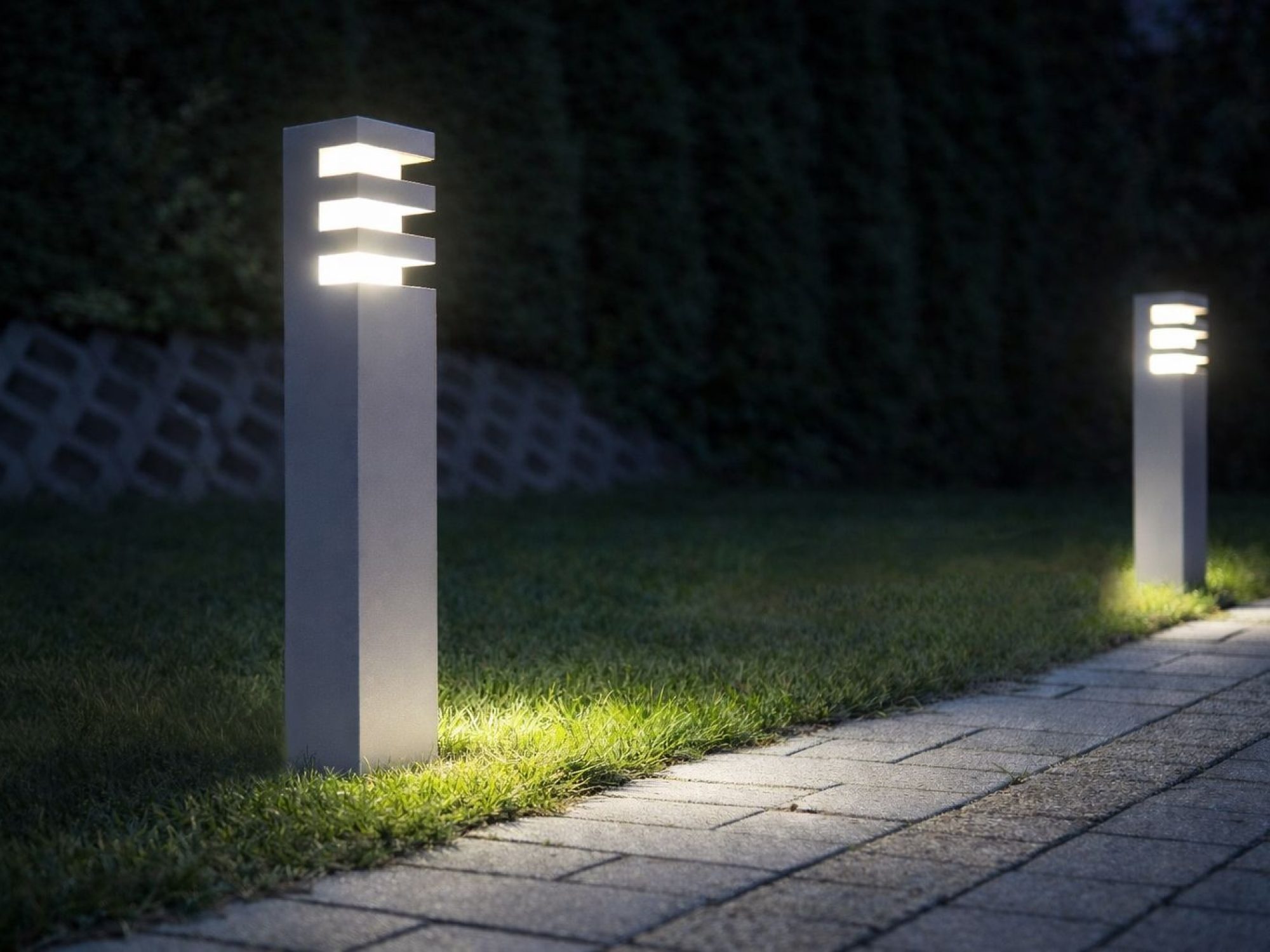 Lampy ogrodowe stojące RADO oświetlające ścieżkę po zmroku