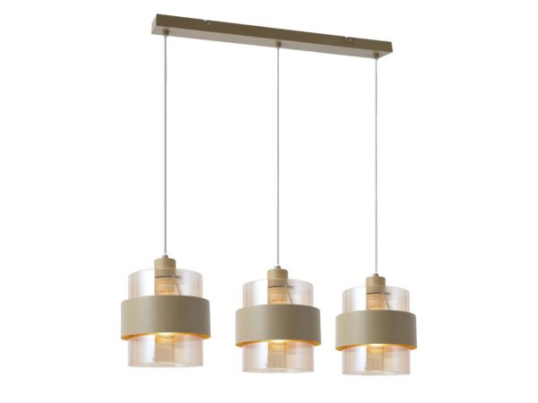Beżowa lampa wisząca Olemira 3 E27 z trzema kloszami na białym tle
