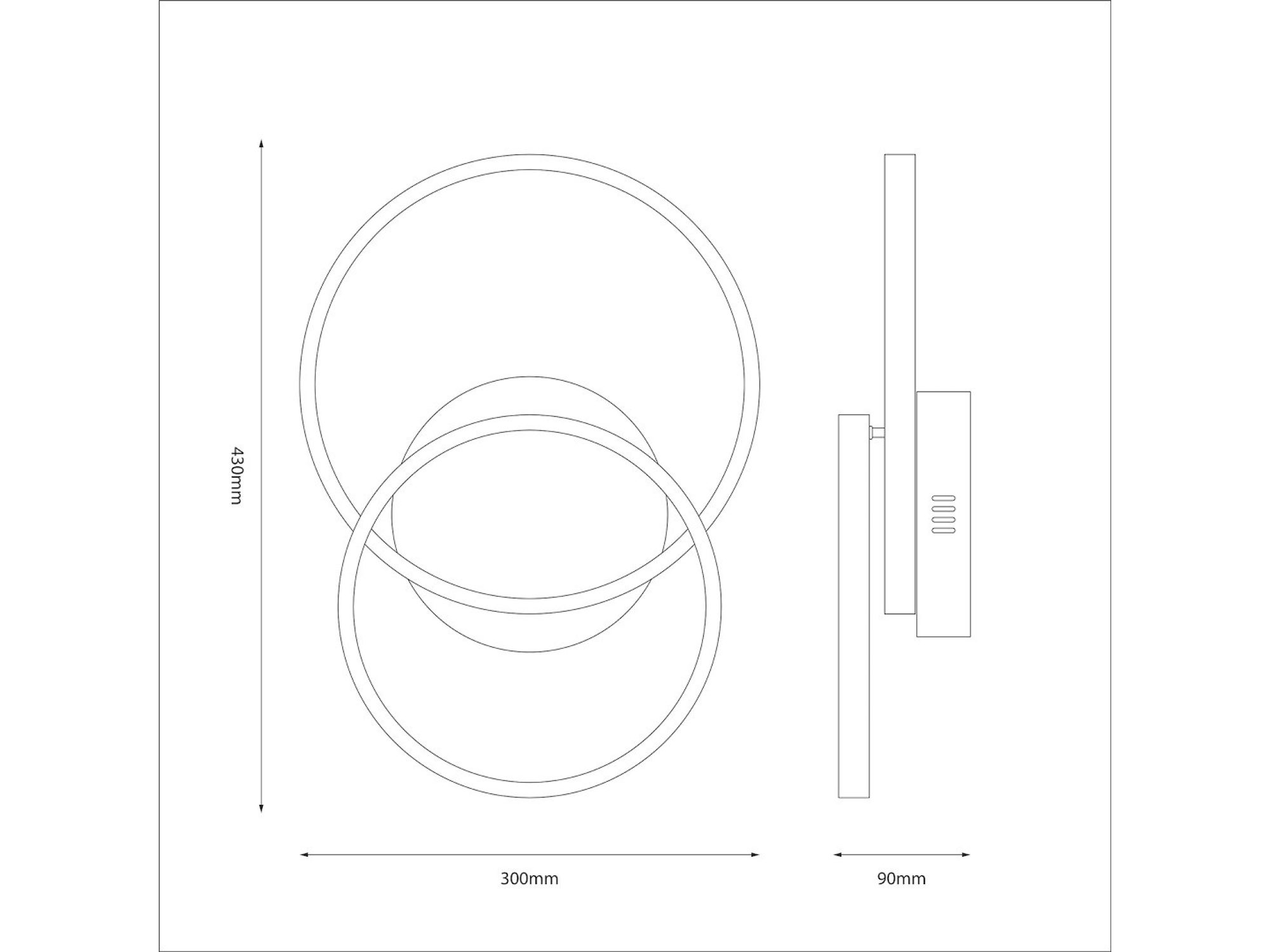 Rysunek wymiarowy lampy Orenia 43 na 30 cm, wysokość 9 cm