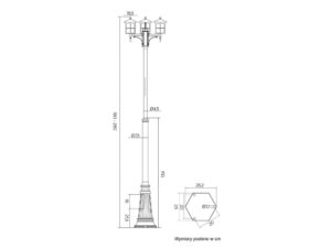 Miniaturka 2 - Rysunek wymiarowy lampy parkowej WENECJA OGMWN 3 KW, wysokość regulowana 180–280 cm