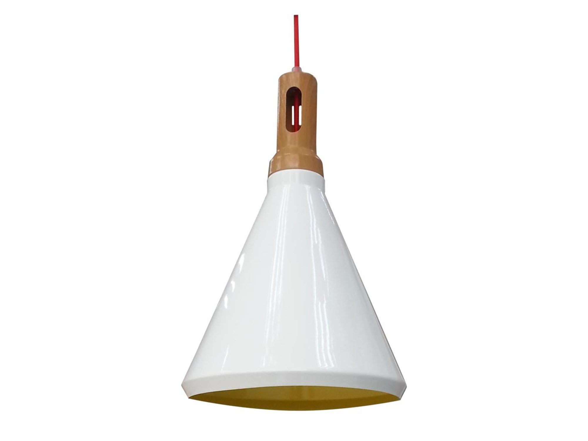 Lampa Pelamina biała z żółtym spodem klosza i dekorem drewna z bliska