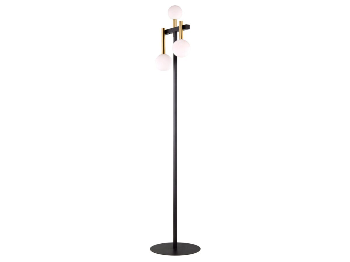 Lampa podłogowa Akord 3-punktowa z białymi kulami, czarno-złota