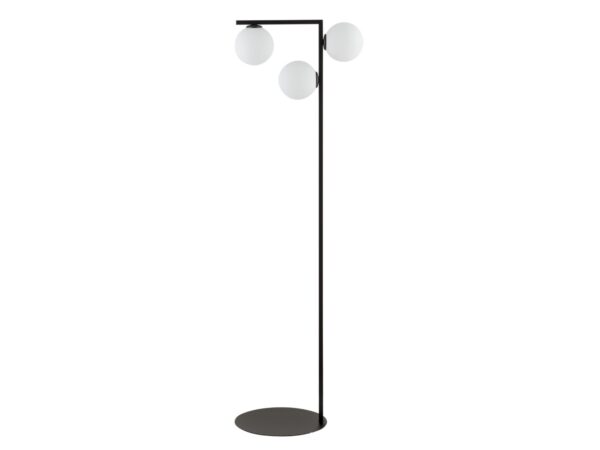 Lampa podłogowa Andy czarna z trzema białymi kulistymi szklanymi kloszami na białym tle