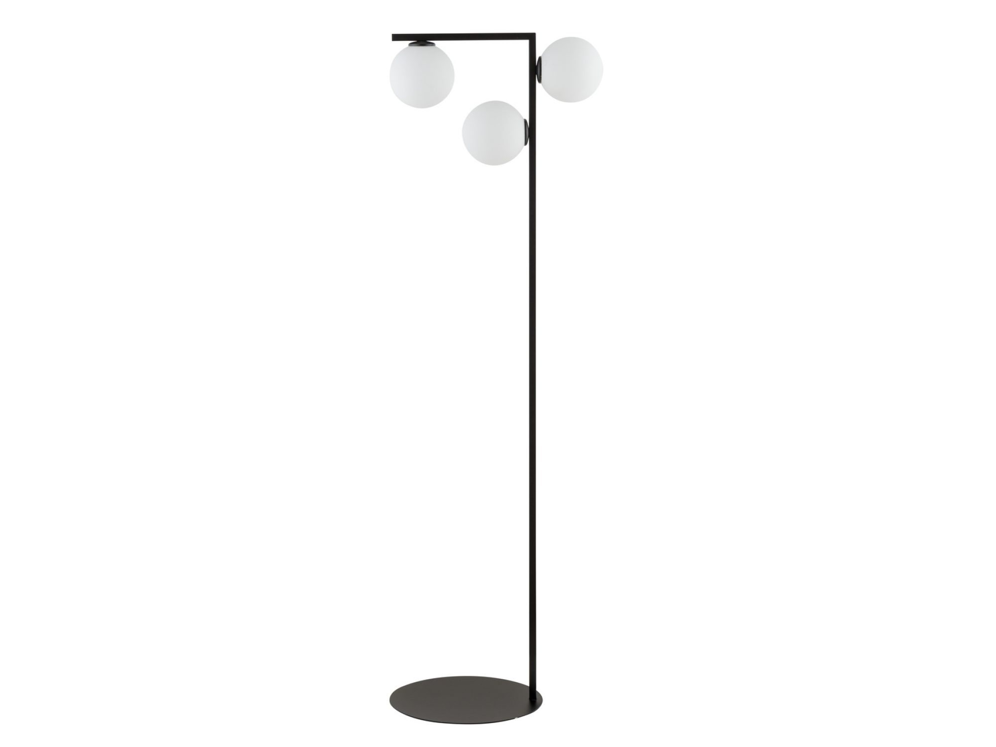 Lampa podłogowa Andy czarna z trzema białymi kulistymi szklanymi kloszami na białym tle