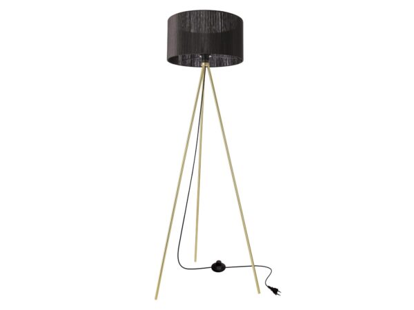 Lampa podłogowa Balidira na złotym trójnogu z czarnym materiałowym abażurem