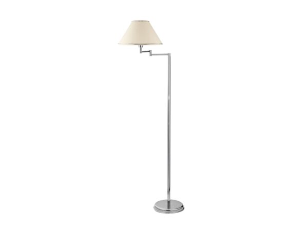 Lampa podłogowa Begamo w chromie z bocznym wysięgnikiem i jasnym stożkowym abażurem