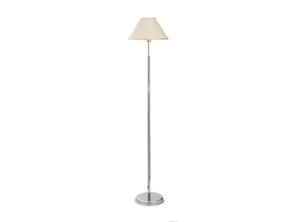 Lampa podłogowa Begamo z prostym chromowanym trzonem, okrągłą podstawą i jasnym abażurem
