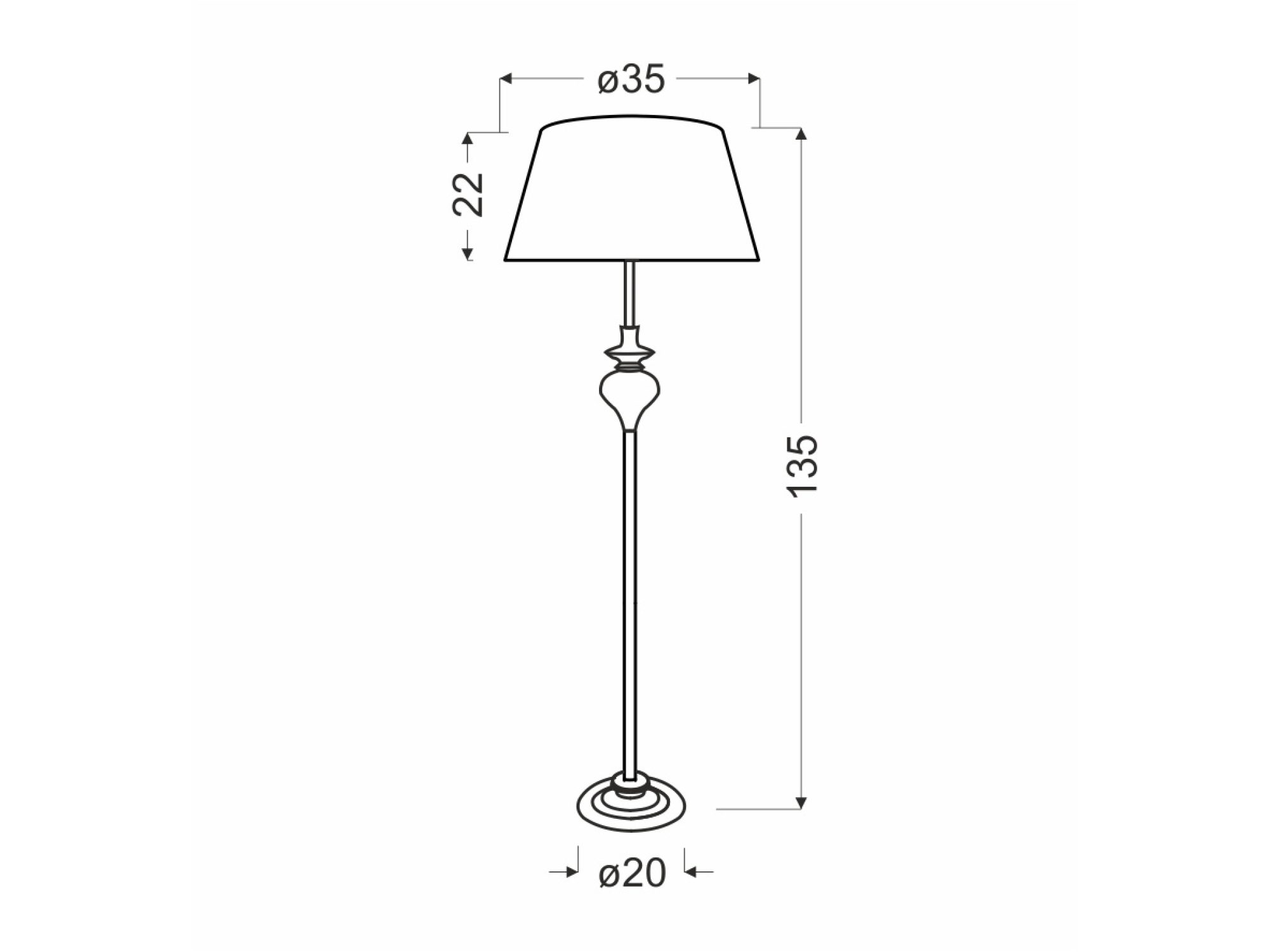 Lampa podłogowa Beraveta rysunek wymiarowy 135 cm wysokość i abażur 35 cm