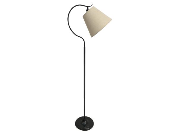 Lampa podłogowa Celonia z czarną podstawą i beżowym abażurem na wygiętym ramieniu