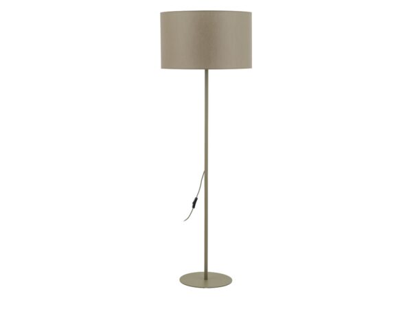 Lampa podłogowa Dalum oliwkowa z tekstylnym abażurem na białym tle