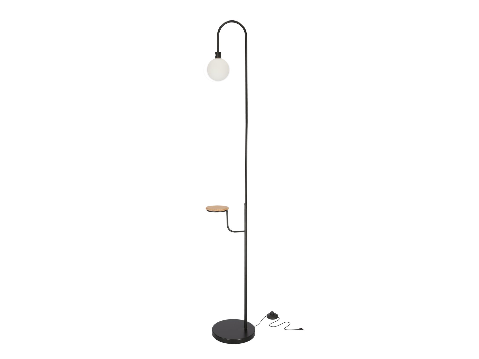 Lampa podłogowa Davomela czarna z półką i białym kulistym kloszem