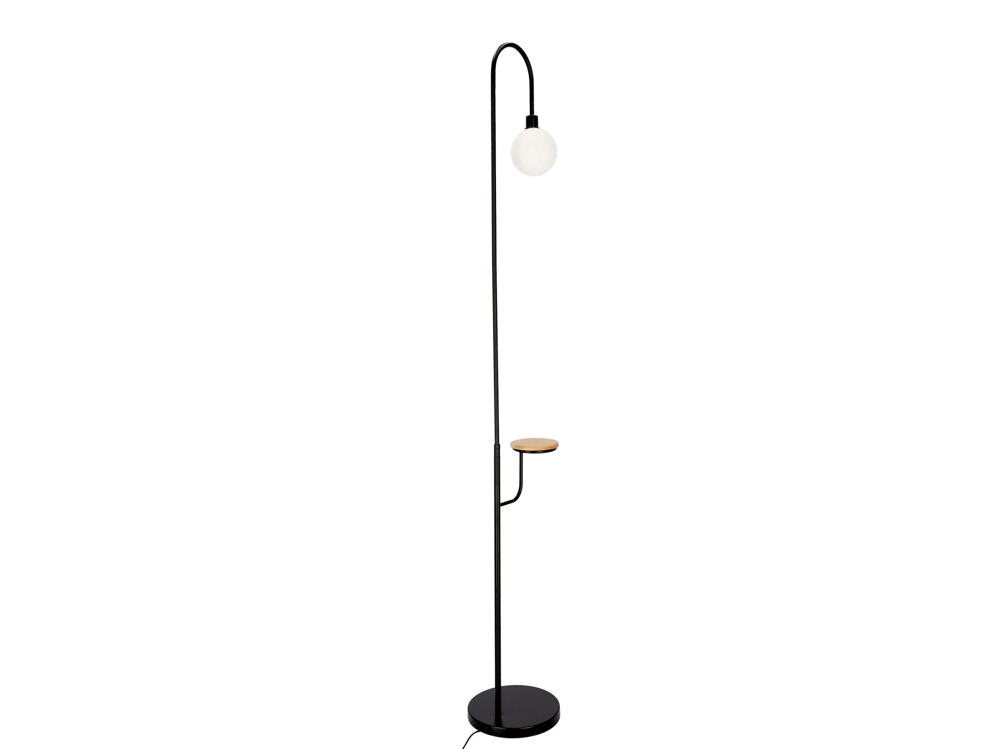 Lampa podłogowa Davomela z łukowym ramieniem i drewnianą półką