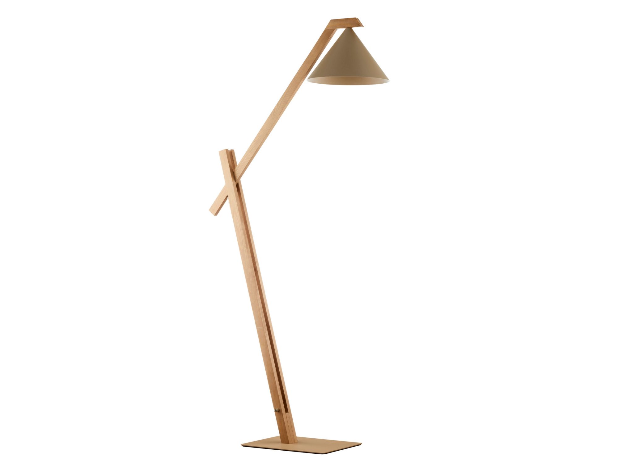 Lampa podłogowa Deco w ciepłym beżu z jasnobrązowym drewnem na białym tle