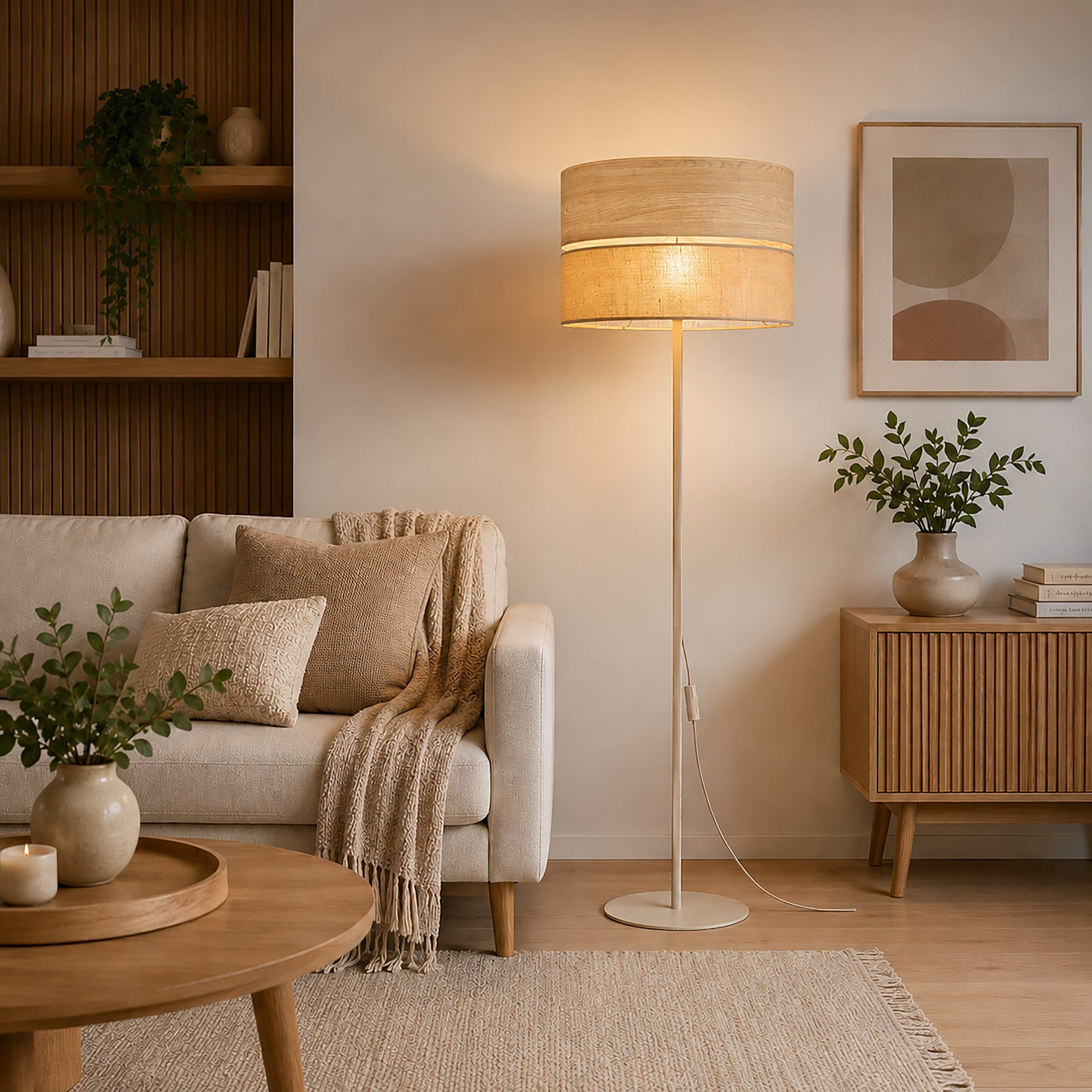 Lampa stojąca Dorma z abażurem z juty ustawiona w aranżacji wnętrza