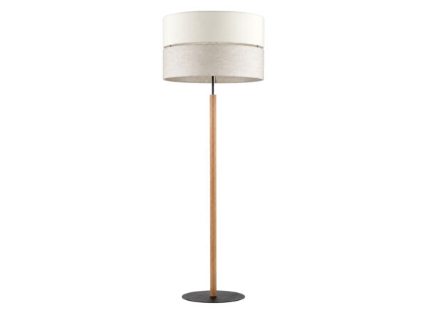 Lampa podłogowa Eco czarna z jasnym drewnem i szarobeżowym abażurem na białym tle