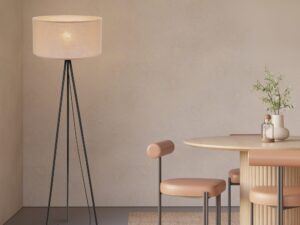 Miniaturka 1 - Lampa podłogowa Elavora z beżowym abażurem w aranżacji jadalni