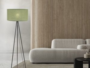Miniaturka 3 - Lampa podłogowa Elavora z miętowym abażurem obok jasnej sofy