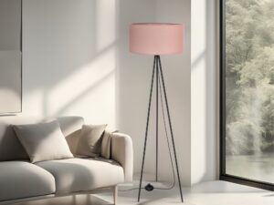 Miniaturka 7 - Lampa podłogowa Elavora z wrzosowym abażurem w salonie