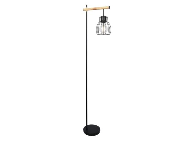 Czarna lampa podłogowa Evatena ze stalowym kloszem koszyczkowym i jasną poprzeczką na białym tle