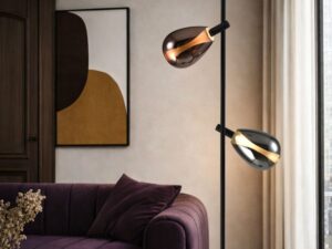 Miniaturka 1 - Lampa podłogowa Evorena z dymionym i miedzianym szkłem – aranżacja