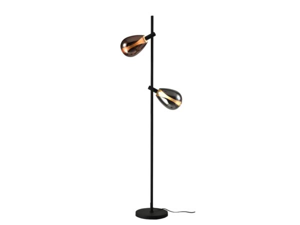 Lampa podłogowa Evorena czarna z dwoma kloszami dymionym i miedzianym na białym tle