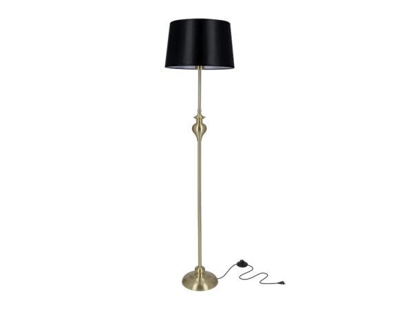 Lampa podłogowa Fenetano ze złotym satynowym stelażem i czarnym abażurem