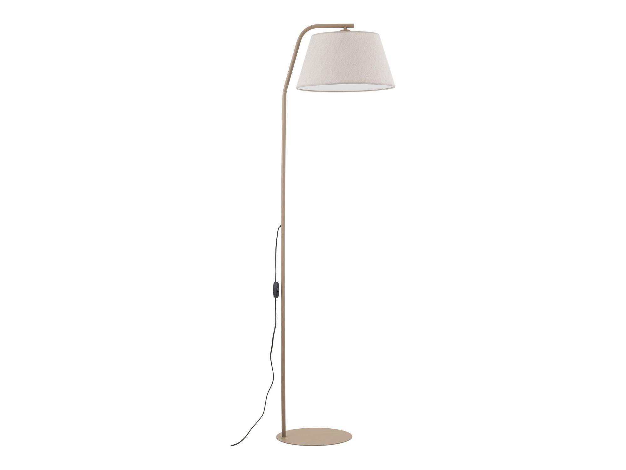 Beżowa lampa podłogowa Formo z jasnym trapezowym abażurem na białym tle