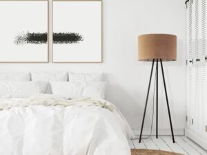 Miniaturka 1 - Lampa podłogowa Juta z ciemną konstrukcją i naturalną jutą w salonie