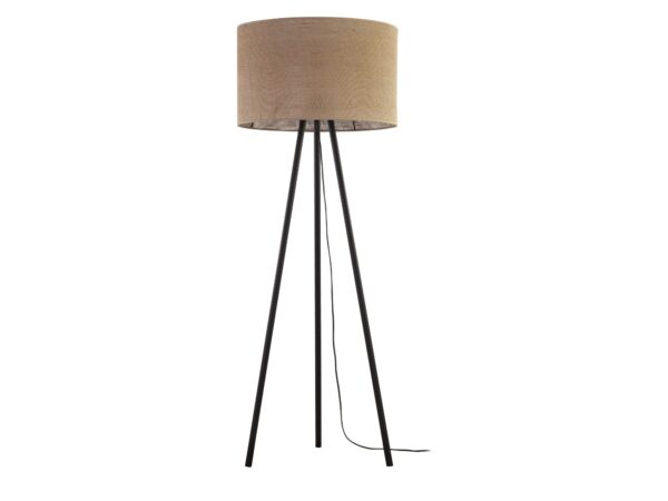 Lampa podłogowa Juta czarna z brązowym jutowym abażurem na białym tle