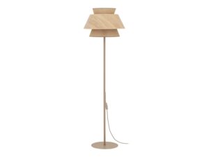 Miniaturka 1 - Lampa podłogowa Kalum z abażurem i detalem fornirowym na białym tle