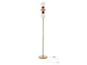 Miniaturka 3 - Lampa podłogowa Kamesina z białymi kulami i bursztynowym szklanym detalem na mosiężnym stojaku