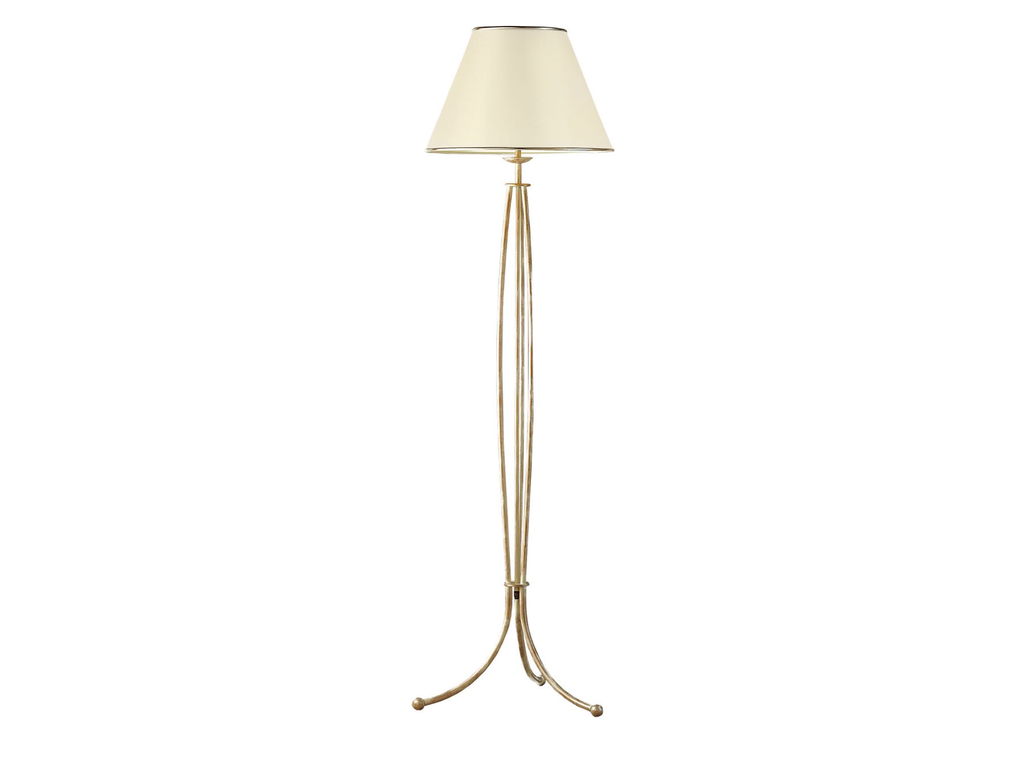 Lampa podłogowa Laura w kolorze ecru z jasnym stożkowym abażurem i trójnożną podstawą