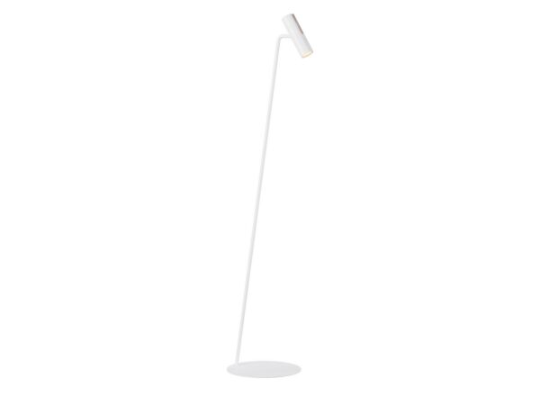 Biała lampa podłogowa Leda z ruchomym cylindrycznym reflektorem i okrągłą podstawą