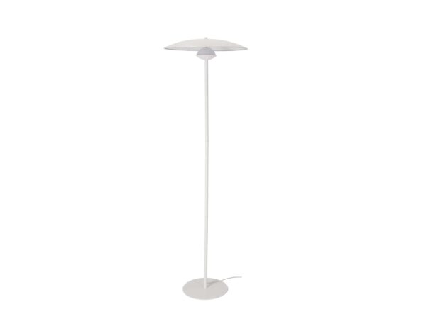 Biała lampa podłogowa Levorio z szerokim kloszem talerzowym
