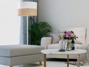Miniaturka 1 - Lampa podłogowa Linobianco z dwukolorowym abażurem z juty i tkaniny w aranżacji