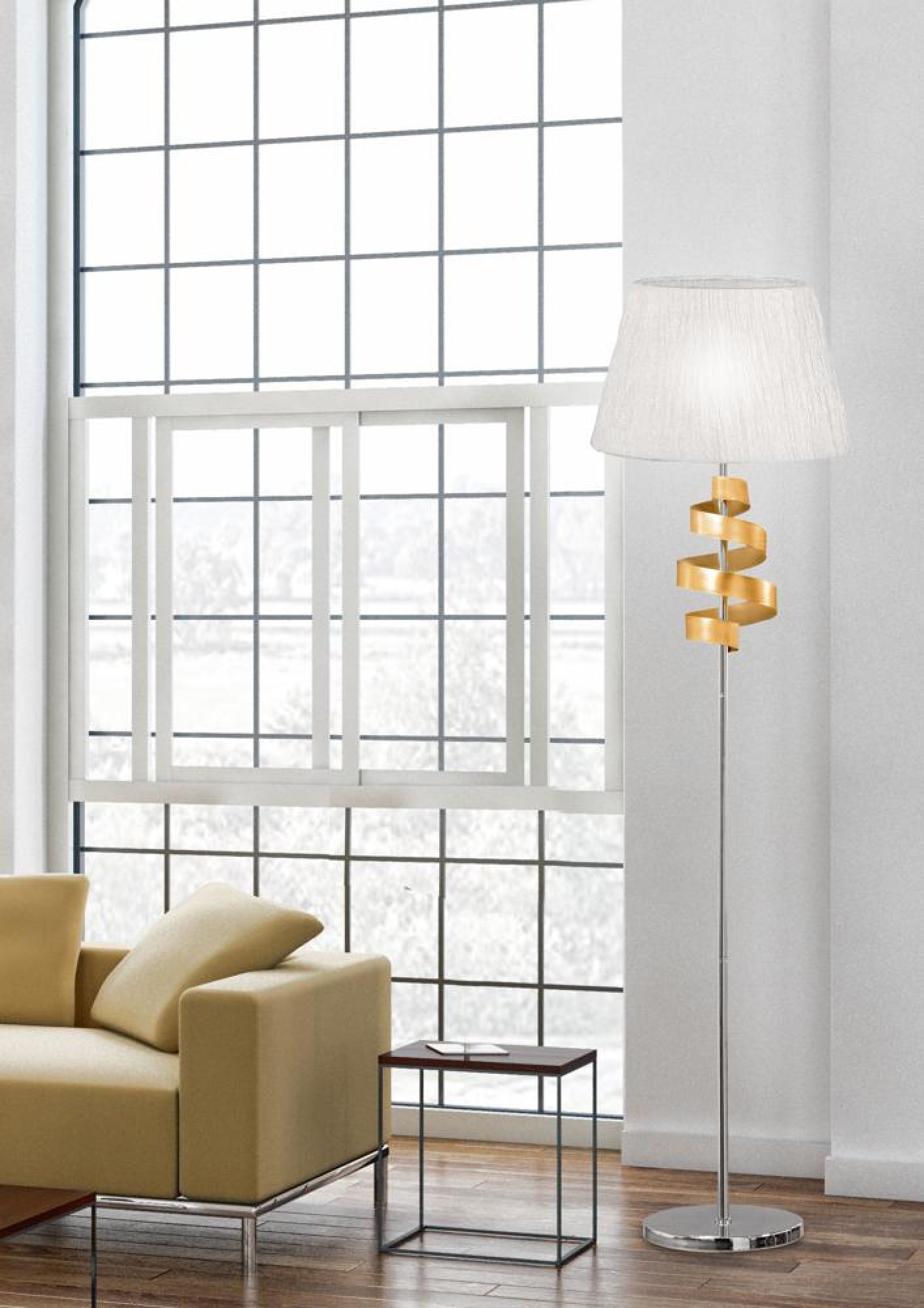 Lampa stojąca Moroma z dekoracyjną spiralą i białym abażurem w salonie