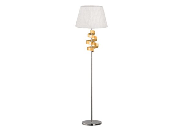 Lampa podłogowa Moroma z białym abażurem i złotą spiralą na chromowanym stelażu