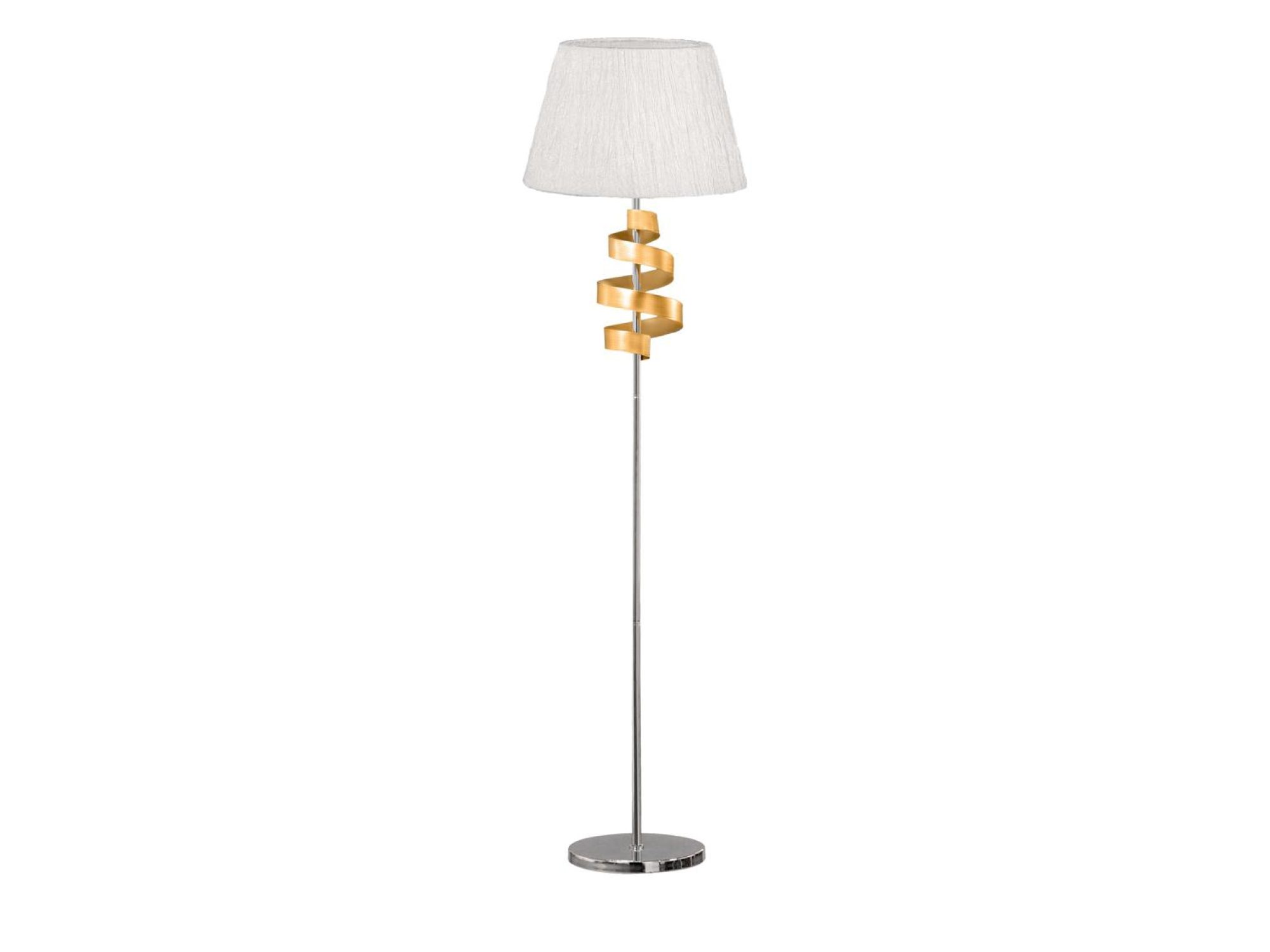 Lampa podłogowa Moroma z białym abażurem i złotą spiralą na chromowanym stelażu