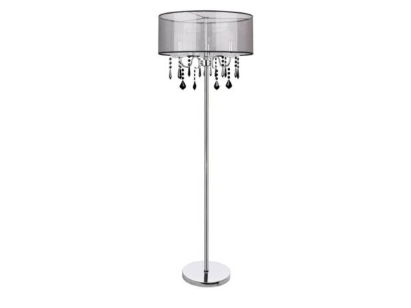 Lampa podłogowa Nalosa chromowana z ciemnym abażurem i wiszącymi kryształkami