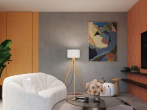 Miniaturka 13 - Lampa podłogowa Narello 140 cm biały / naturalne drewno w aranżacji salonu
