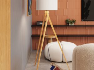 Miniaturka 15 - Lampa podłogowa Narello 140 cm biały / naturalne drewno w salonie – zbliżenie