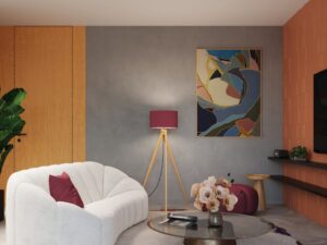 Miniaturka 24 - Lampa podłogowa Narello 140 cm burgund / naturalne drewno w aranżacji salonu