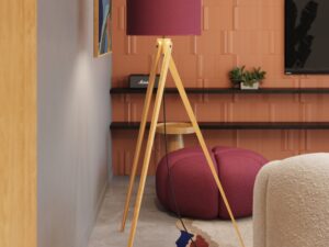 Miniaturka 26 - Lampa podłogowa Narello 140 cm burgund / naturalne drewno w salonie – zbliżenie