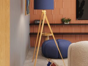 Miniaturka 39 - Lampa podłogowa Narello 140 cm granatowy / naturalne drewno w salonie – zbliżenie