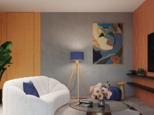 Miniaturka 37 - Lampa podłogowa Narello granatowa w nowoczesnym wnętrzu