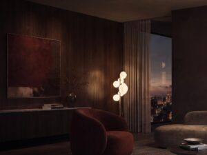 Miniaturka 1 - Piaskowobeżowa lampa podłogowa Nebia z sześcioma mlecznymi kloszami w aranżacji salonu