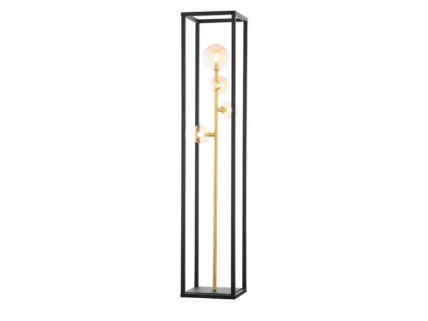 Lampa podłogowa Neptun z czarną ramą i złotym trzonem ze szklanymi kulami