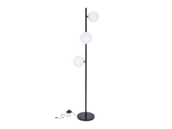 Lampa podłogowa Omidano czarna z trzema białymi kulistymi kloszami