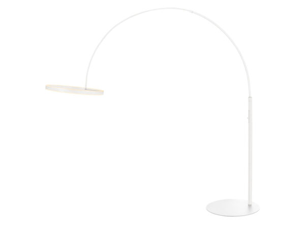 Biała łukowa lampa podłogowa One Bow FL z okrągłą głowicą LED, widok całej oprawy