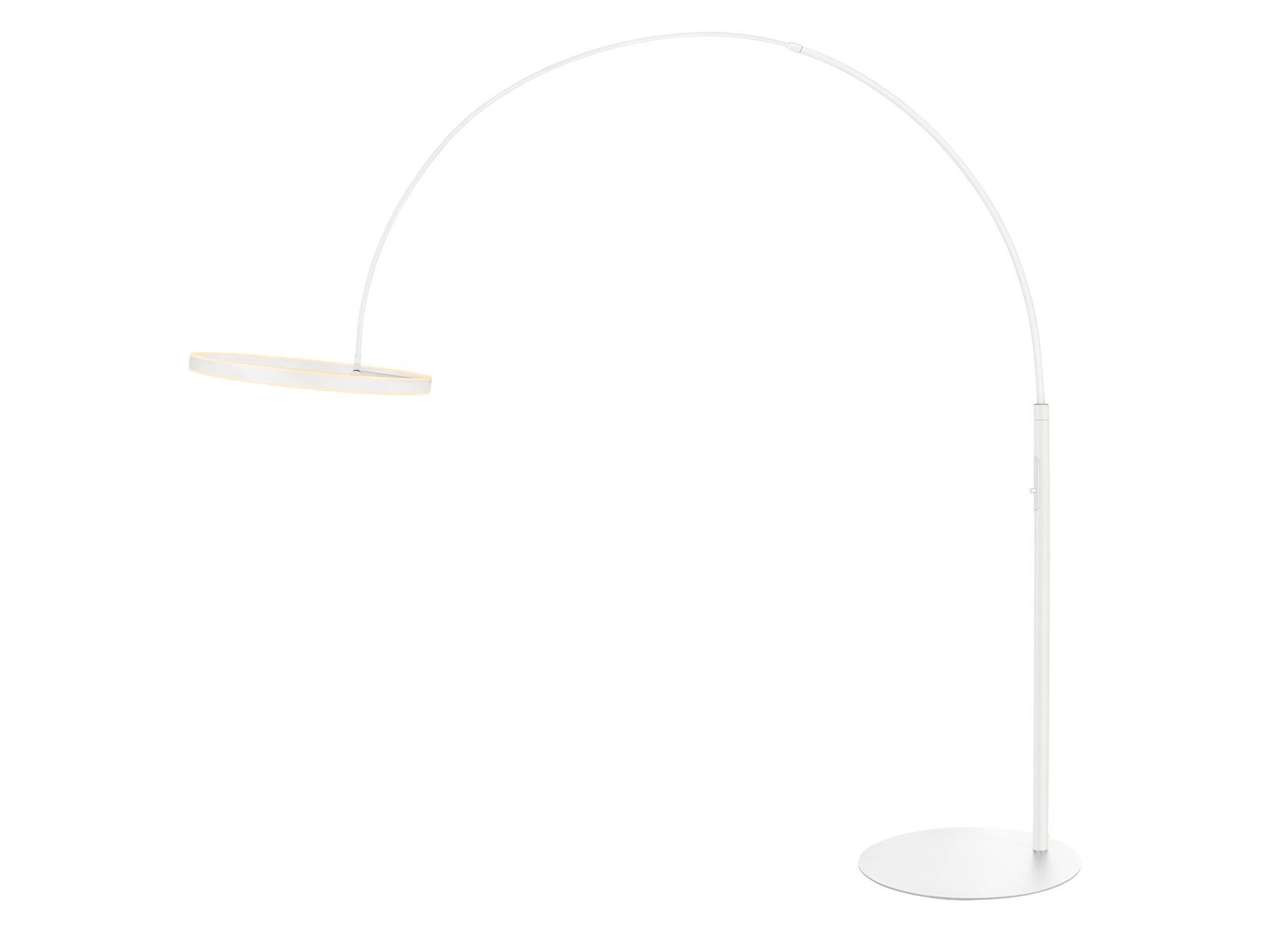 Biała łukowa lampa podłogowa One Bow FL z okrągłą głowicą LED, widok całej oprawy